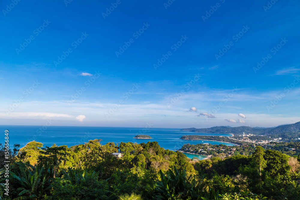 Three tropical white sandy beaches with turquoise clear water and palm trees.