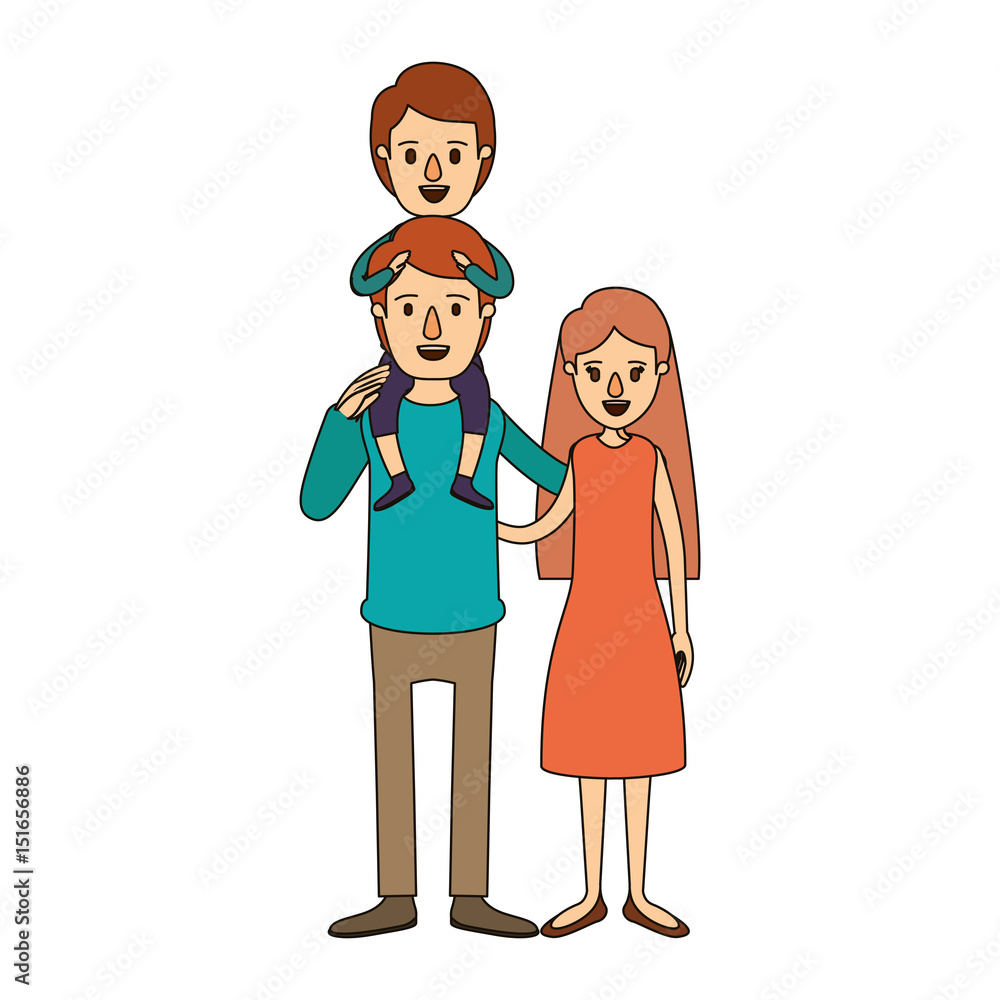 color image caricature family mother and father with boy on his back vector illustration
