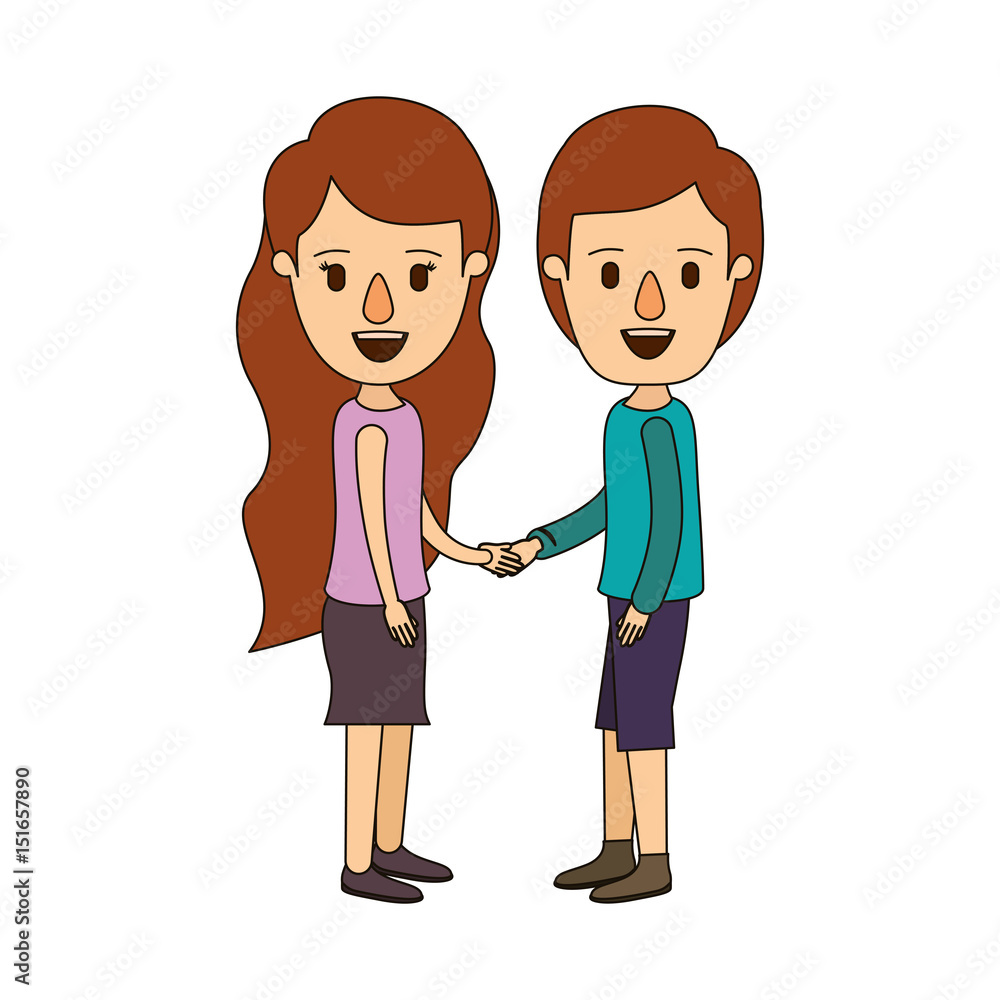 color image caricature side view full body couple in casual clothing handshake vector illustration color image caricature side view full body couple in casual clothing handshake vector illustration