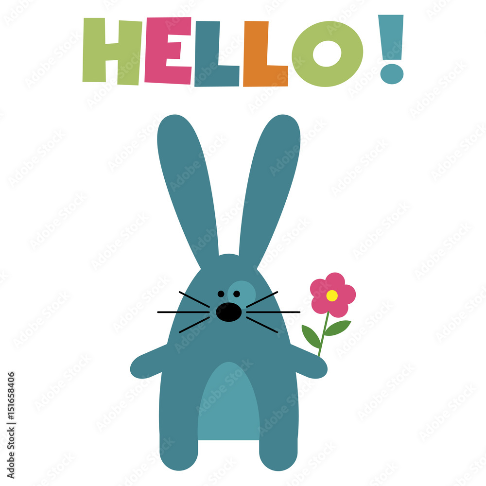Blue bunny with flower and text HELLO! Blue bunny with flower and text HELLO!