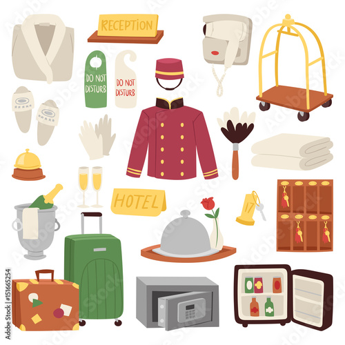 Hotel or accommodation icon set travel symbol service reception luggage suitcase vector illustration