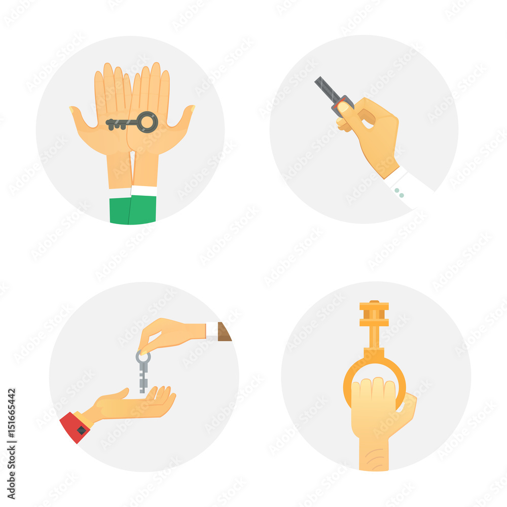 Hands holding key apartment selling human gesture sign security house concept vector illustration. Hands holding key apartment selling human gesture sign security house concept vector illustration.