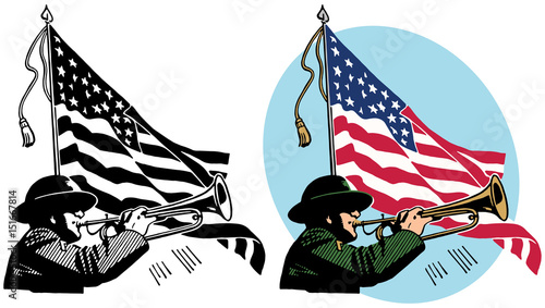 An army soldier playing a bugle in front of a waving American flag