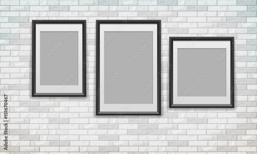 Set of posters with black frame hanging over brick wall, vector illustration Set of posters with black frame hanging over brick wall, vector illustration