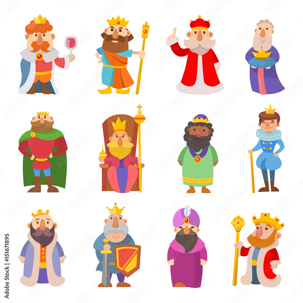 Different cute cartoon kings characters vector set collection man isolated on white Different cute cartoon kings characters vector set collection man isolated on white