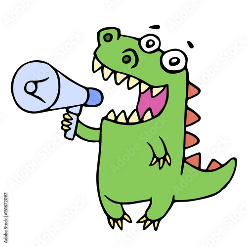 Funny smiling dinosaur shouting in megaphone. Vector illustration.