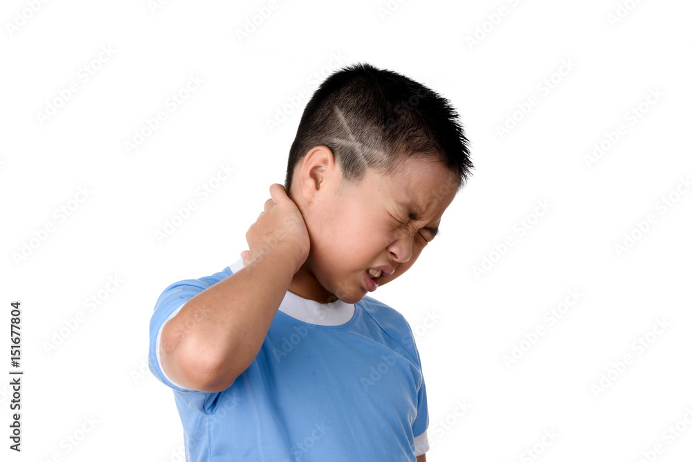 Young asian boy has pain at neck