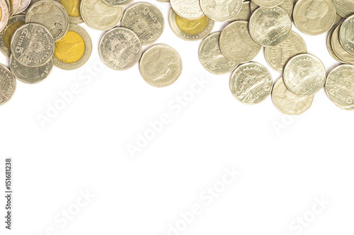 Coins isolated on white scene, concept of savings, blank space Enter text