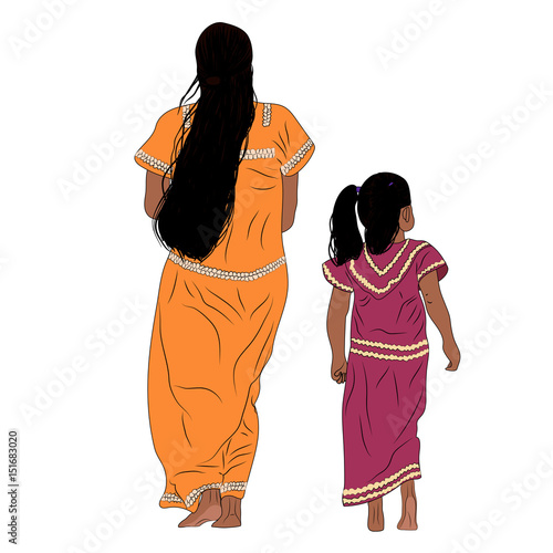 Panamanian Indian Woman with long black hair In bright Orange Dress with ornament goes along the road together with girl in pink dress. Ngabe-Bugle