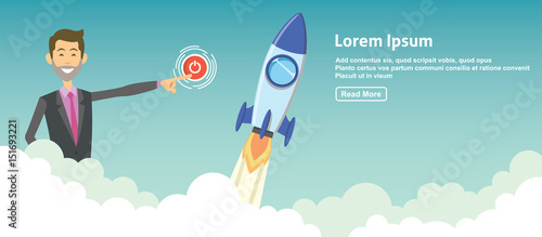 businessman launch a rocket to the space. successful new business project startup company concept banner flat vector illustration photo