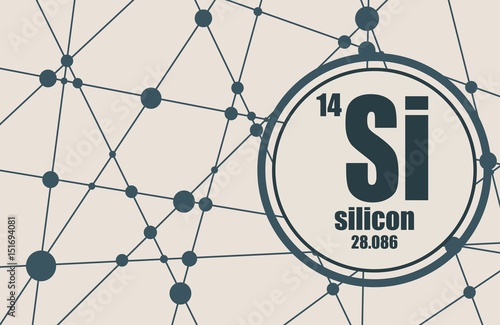 Silicon chemical element. Sign with atomic number and atomic weight. Chemical element of periodic table. Molecule And Communication Background. Connected lines with dots.
