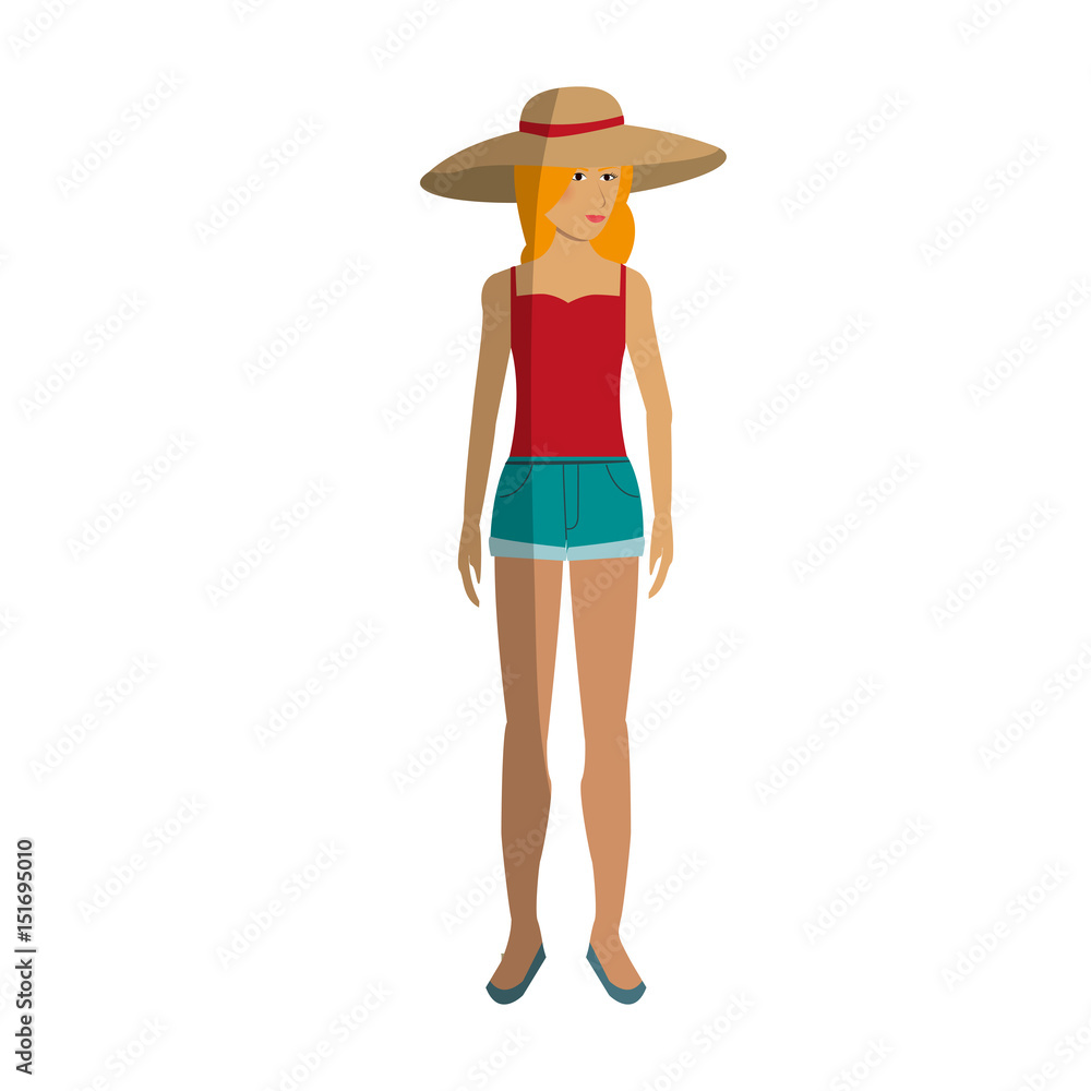 pretty happy woman wearing big sun hat tank top and shorts icon image vector illustration design pretty happy woman wearing big sun hat tank top and shorts icon image vector illustration design