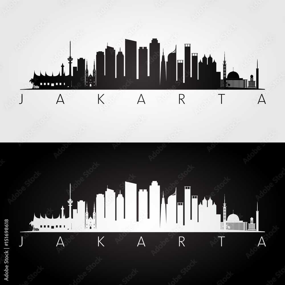 Jakarta skyline and landmarks silhouette, black and white design.