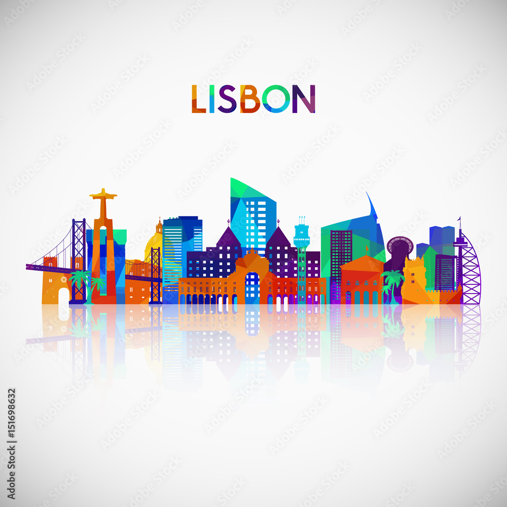 Lisbon skyline silhouette in colorful geometric style. 