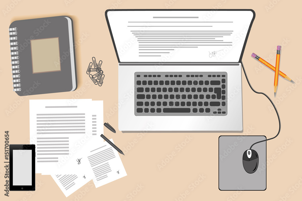 The laptop on the Desk next to the laptop are documents. A Cup of coffee. The phone next to the laptop. The laptop on the Desk next to the laptop are documents. A Cup of coffee. The phone next to the laptop.
