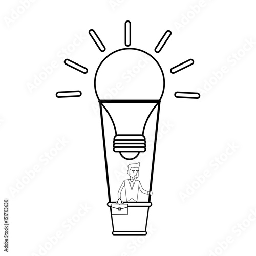 young businessman on hot air balloon in lightbulb shape idea concept icon image vector illustration design  single black line