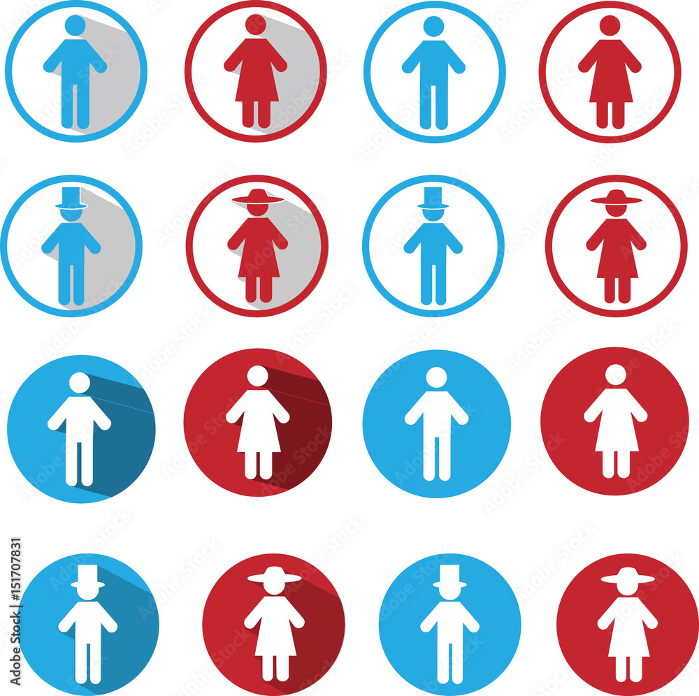 Vector set red and blue couple, man, woman silhouettes round web icons set Vector set red and blue couple, man, woman silhouettes round web icons set