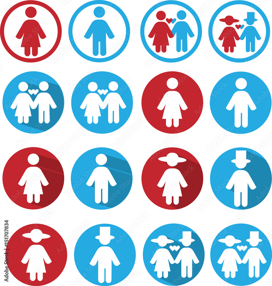 Vector set red and blue business, couple, man, woman silhouettes web icons set Vector set red and blue business, couple, man, woman silhouettes web icons set