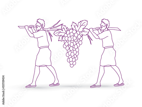 Two spies of Israel carrying grapes of Canaan outline graphic vector