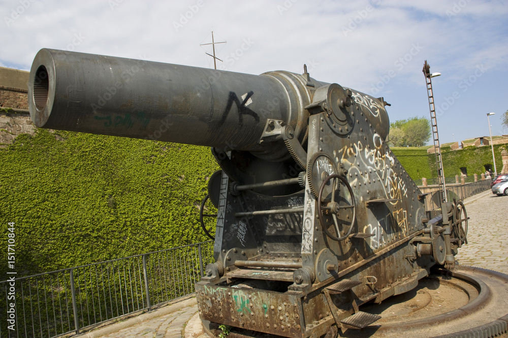 Barcelona, Spain - April 18, 2014: Cannon in castle of Montjuic, Barcelona, Spain