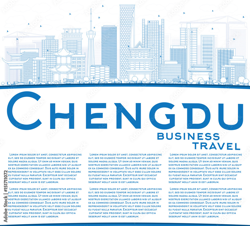 Outline Chengdu Skyline with Blue Buildings and Copy Space.