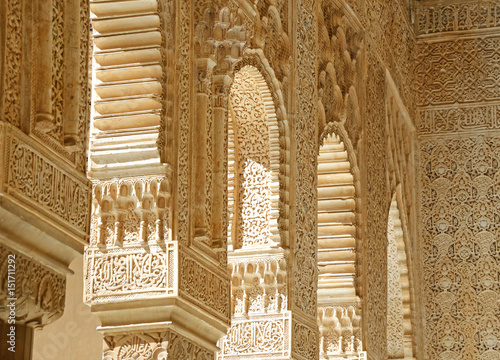 GRANADA, SPAIN - MAY 6, 2017: Arches and columns of Court of the Lions at Alhambra