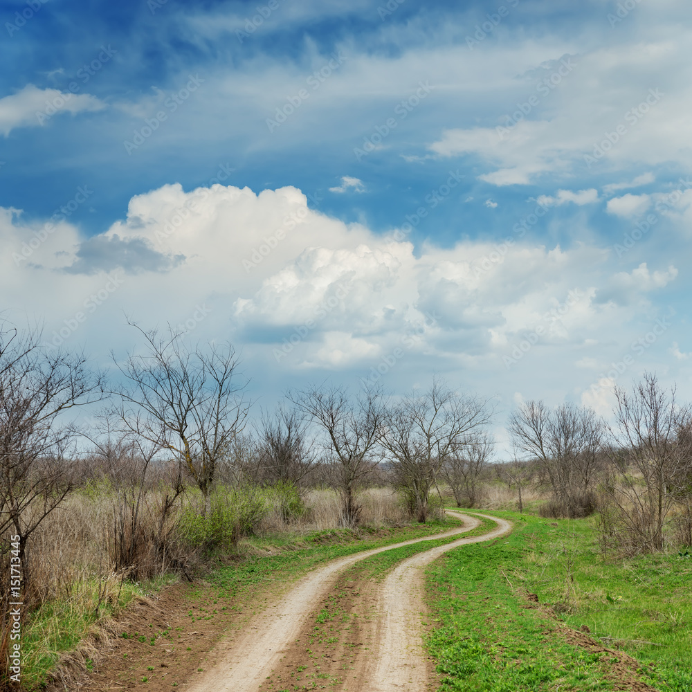 low dramatic clouds over winding road in spring meadow