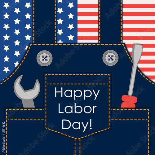 Primitive retro Labor Day card as worker overalls with tools on American flag background