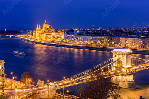Aerial view of Budapest at night. Hungarian landmarks: Chain Bridge, Parliament and Danube river in Budapest. 