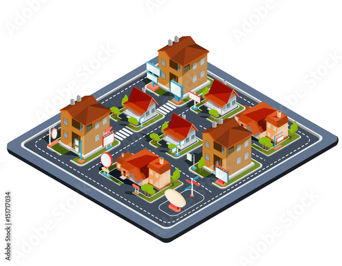 Vector isometric illustration residential quarter with icons of residential houses, cottages with garage, yard, green lawn for advertising brochures of real estate