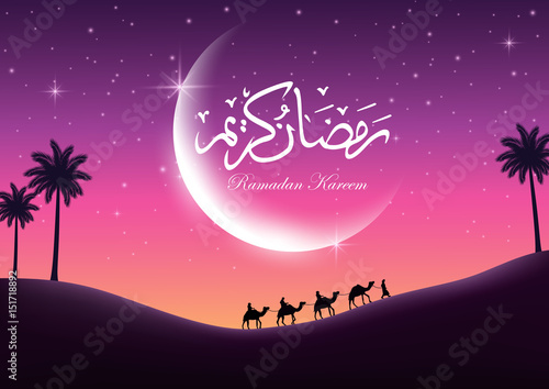 Ramadan Kareem greeting card with mosque and night sky. Moon and stars. Vector illustration. 