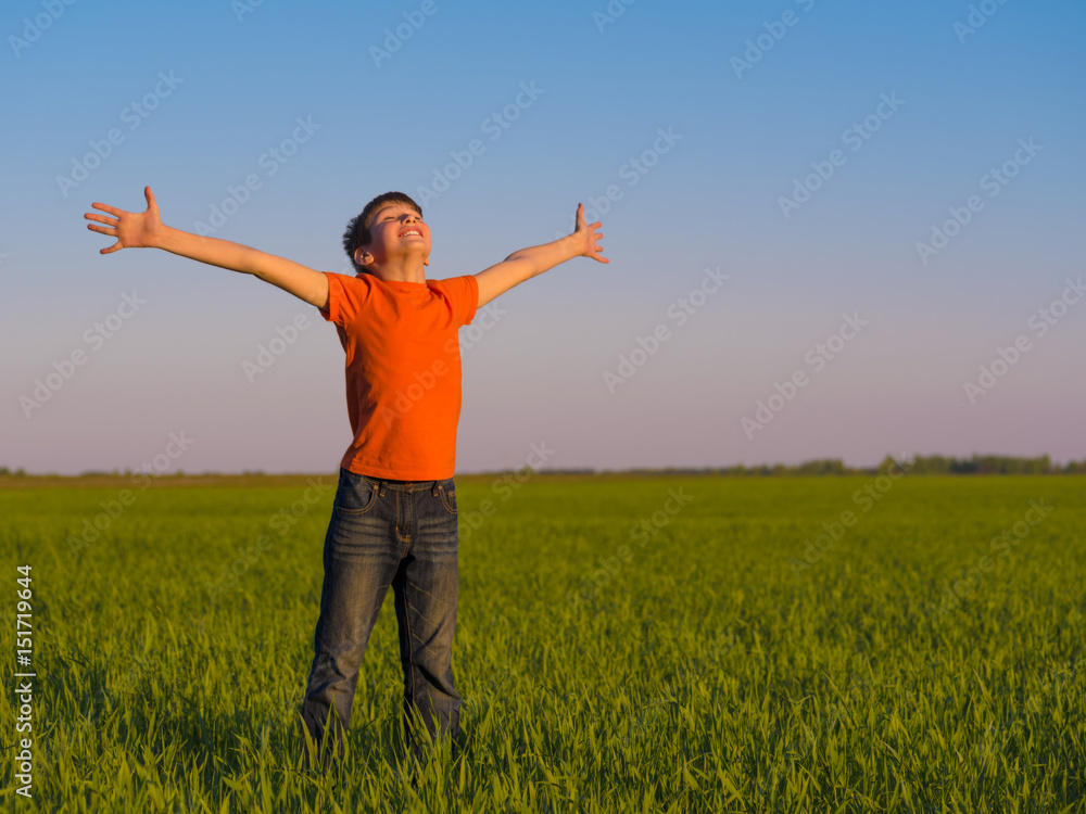 Happy person in the nature with raised arms Happy person in the nature with raised arms