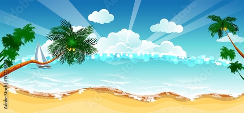 Vacation background. Beach with palm trees and blue sea.
