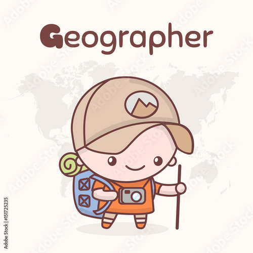 Cute chibi kawaii characters. Alphabet professions. Letter G - Geographer