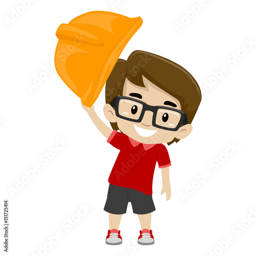 Vector Illustration of Boy putting an Engineer Helmet on his head