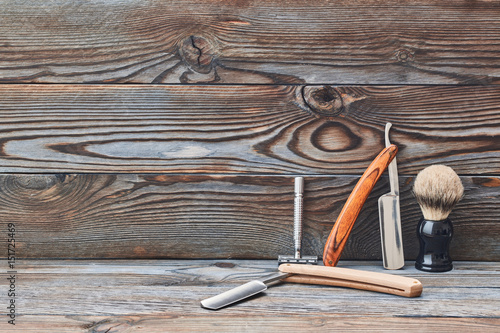 Canvas Print Vintage barber shop tools on wooden background