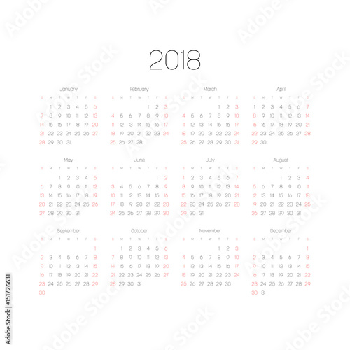 Vector calendar - Year 2018. Week starts from Sunday. Simple flat vector illustration with black numbers and letters on white background. Saturdays and Sundays highlighted by red.