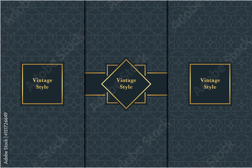 Vintage pattern on black background. Seamless pattern with golden frame for design in retro style. Universal pattern for wallpapers, textiles, fabrics, wrapping papers, packaging boxes etc