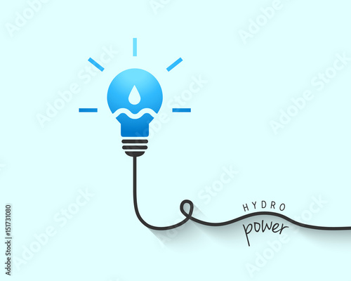 Hydro power concept. Light bulb with water drop and wave inside.