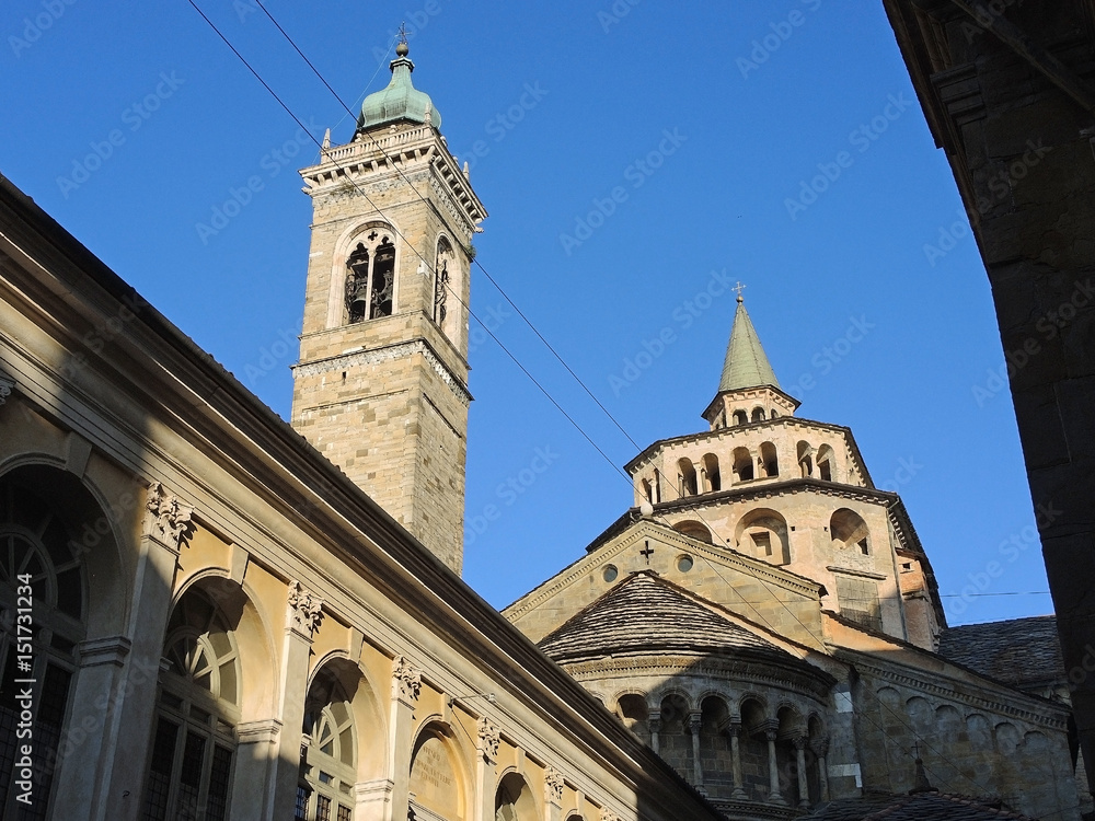 Bergamo - Old city (Città Alta). One of the beautiful city in Italy. Lombardy. The bell tower and the dome of the Cathedral called Santa Maria Maggiore, north wing