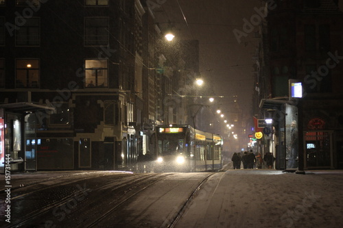 Photography Tram on Leidsestraat, snowy evening in Amsterdam