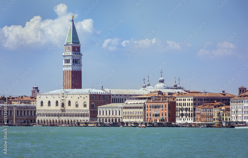 Famous San Marco tower and Doge's palace waterfront in Venice, Italy,
