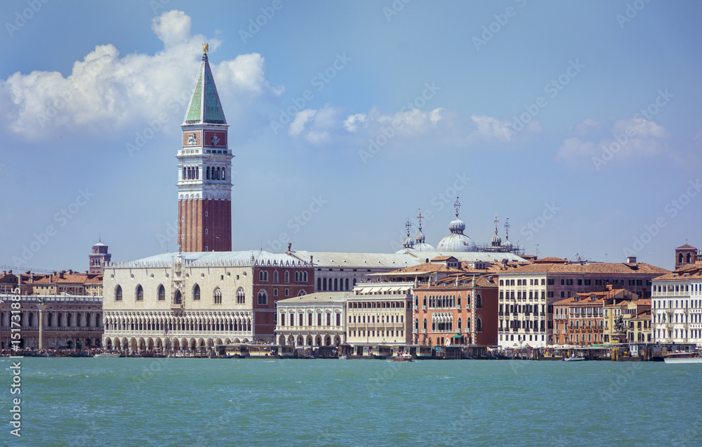 Fototapeta premium Famous San Marco tower and Doge's palace waterfront in Venice, Italy,