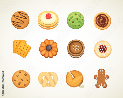 Different cookie cakes top view sweet food isolated on white background vector illustration