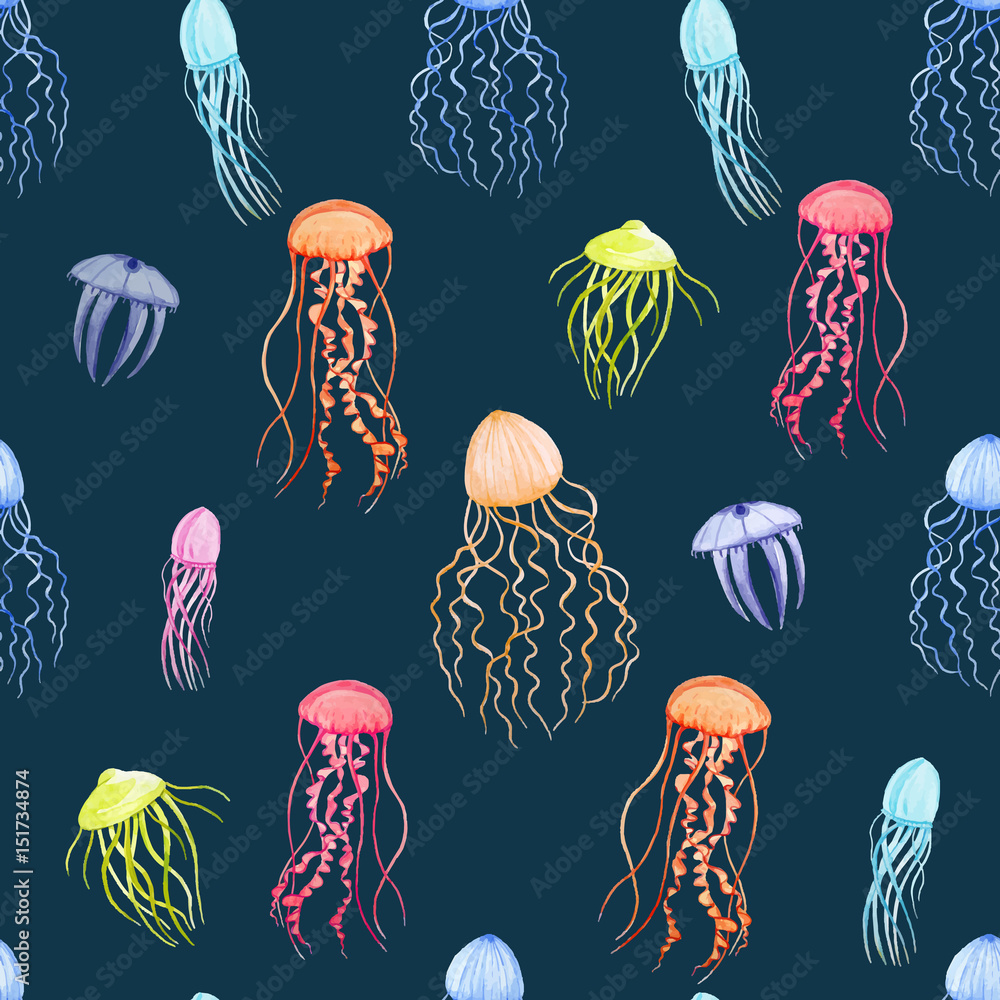 Fototapeta premium Watercolor vector jellyfish pattern