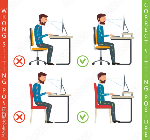 Bad and good working position of human at computer. How to sit a
