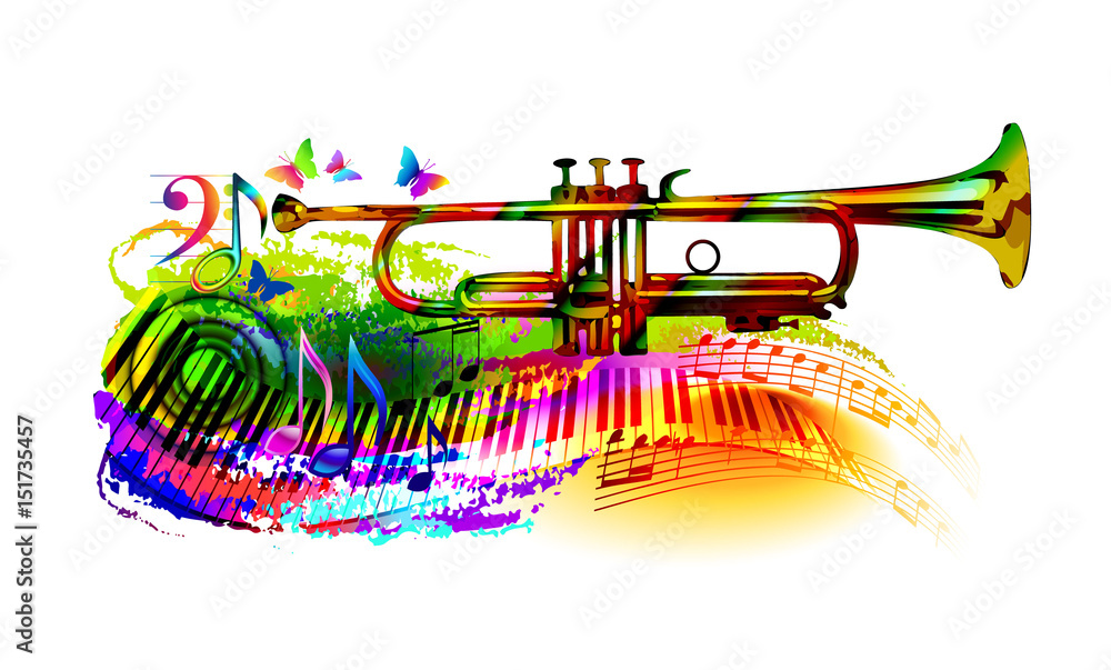Colorful music background with trumpet, piano, musical notes and
