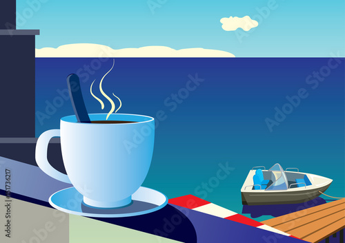 A cup of morning coffee on the background of the sea and sailboat