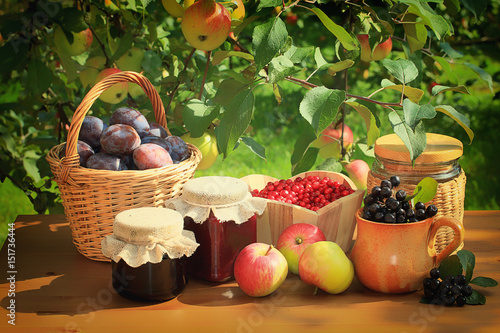 Still life with fruit and berries on a table in the garden under an apple tree.