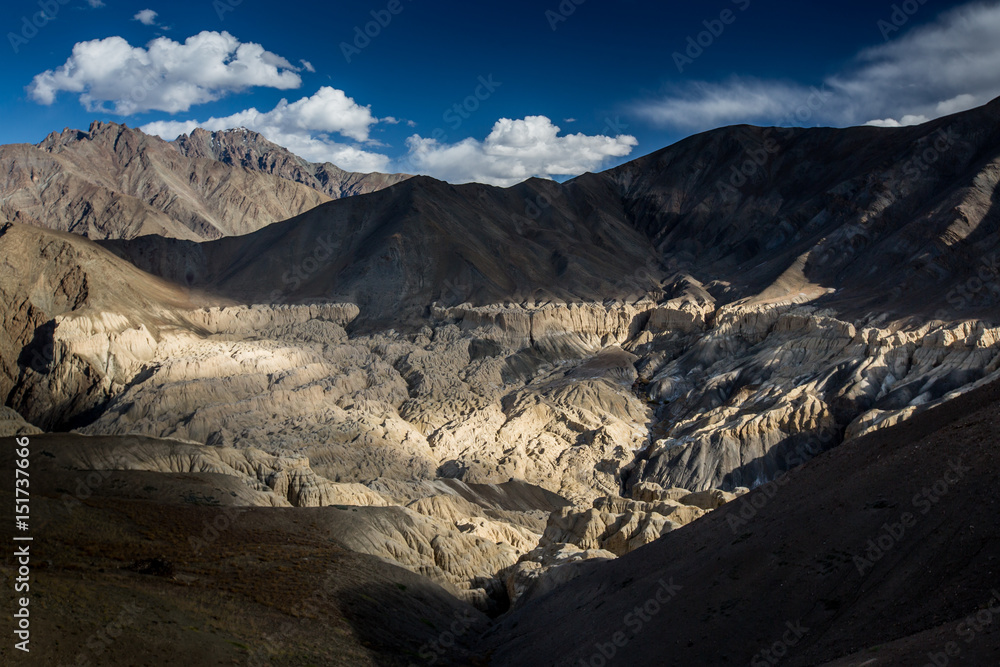 Erosion carved moonlike landscape into the Indian Himalaya at Lamayuru village,  Ladakh, India